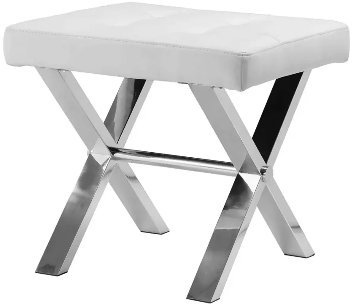 Tia 18 Inch Accent Stool Ottoman, White Faux Leather Top, Chrome Steel Legs - Benzara