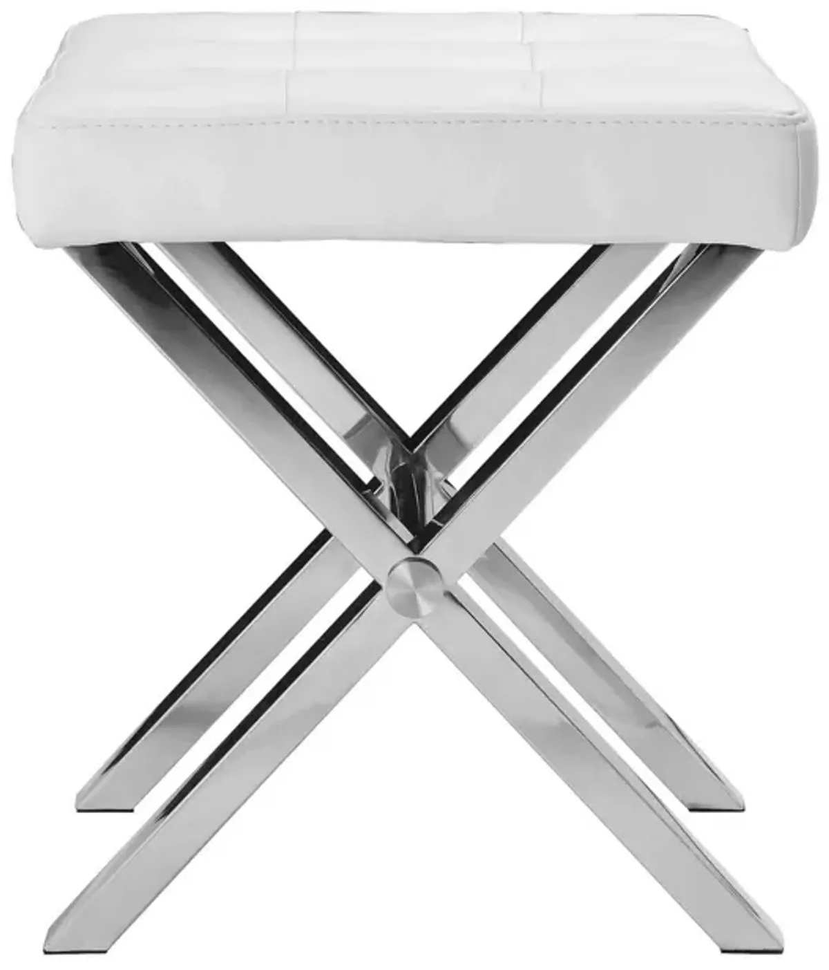 Tia 18 Inch Accent Stool Ottoman, White Faux Leather Top, Chrome Steel Legs - Benzara