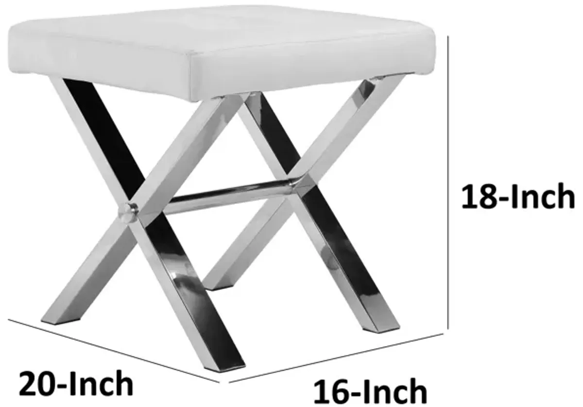 Tia 18 Inch Accent Stool Ottoman, White Faux Leather Top, Chrome Steel Legs - Benzara