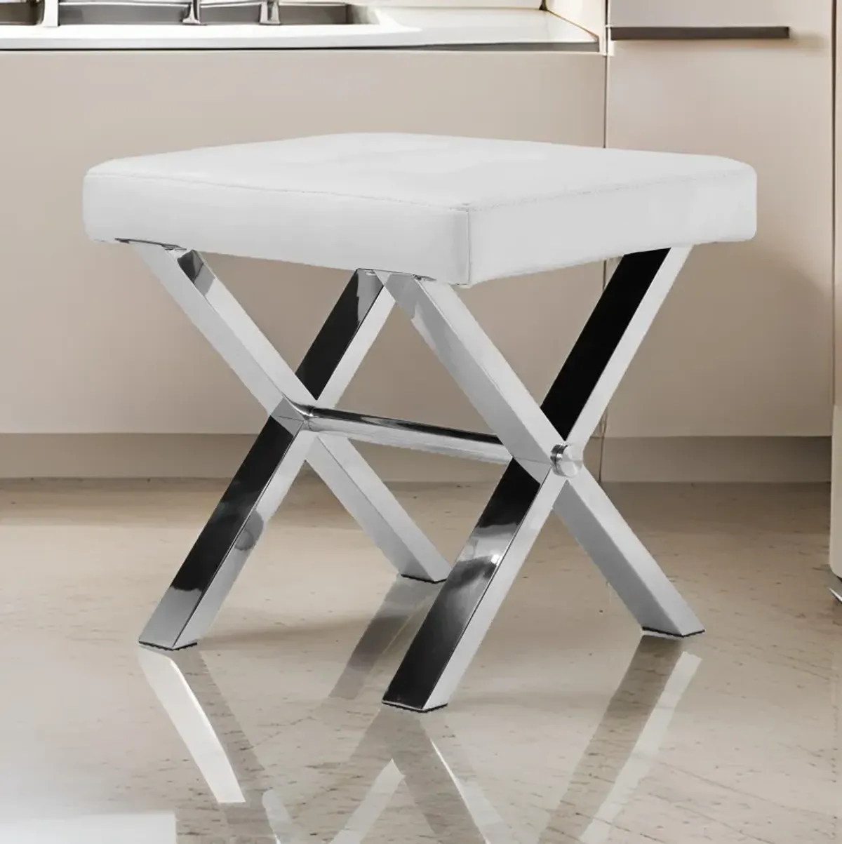 Tia 18 Inch Accent Stool Ottoman, White Faux Leather Top, Chrome Steel Legs - Benzara