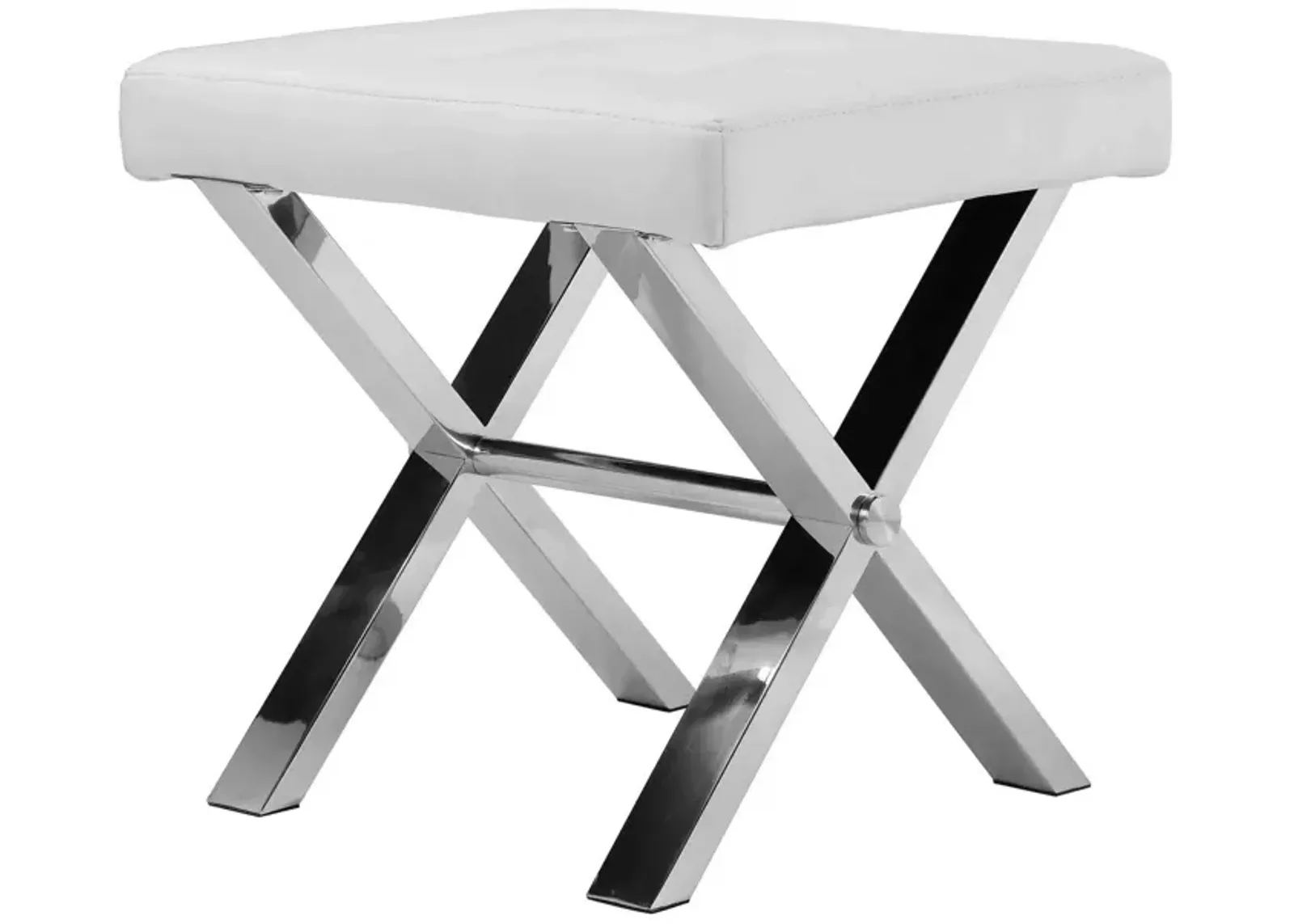 Tia 18 Inch Accent Stool Ottoman, White Faux Leather Top, Chrome Steel Legs - Benzara