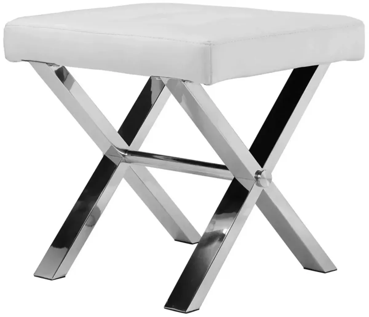 Tia 18 Inch Accent Stool Ottoman, White Faux Leather Top, Chrome Steel Legs - Benzara