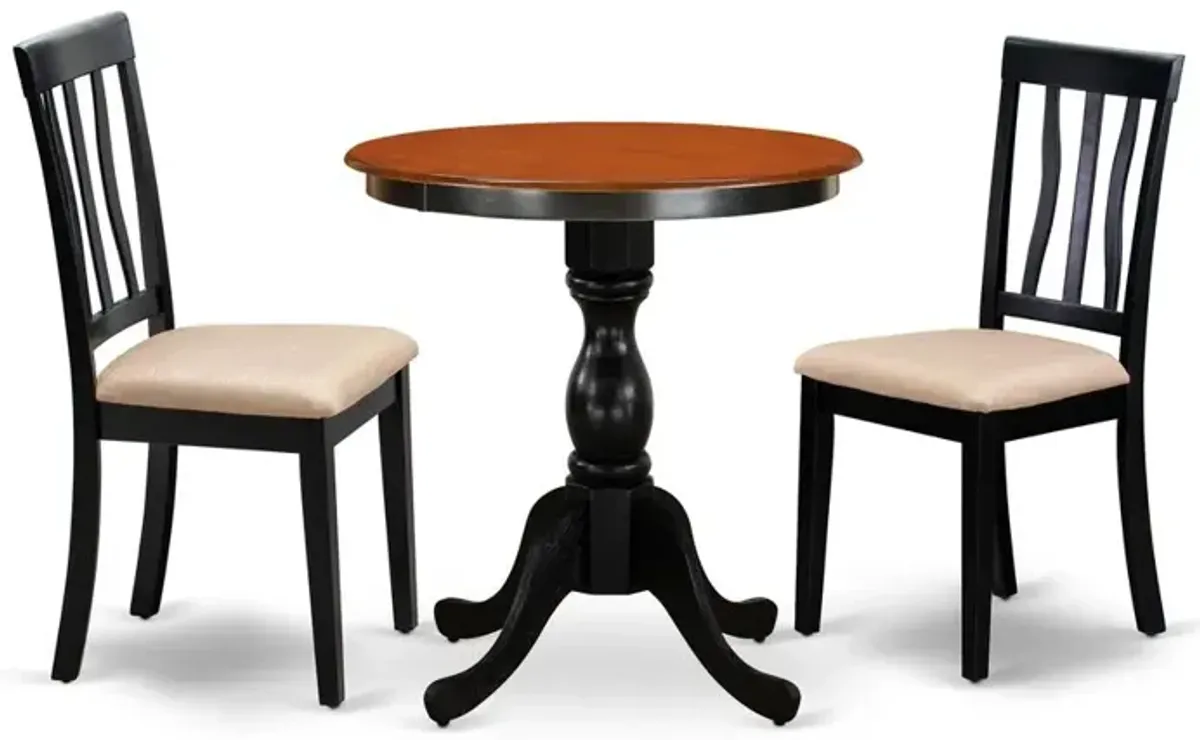 East West Furniture 3-Piece Mid Century Dining Set Include a Kitchen Table and 2 Linen Fabric Mid Century Chairs with Slatted Back - Black Finish