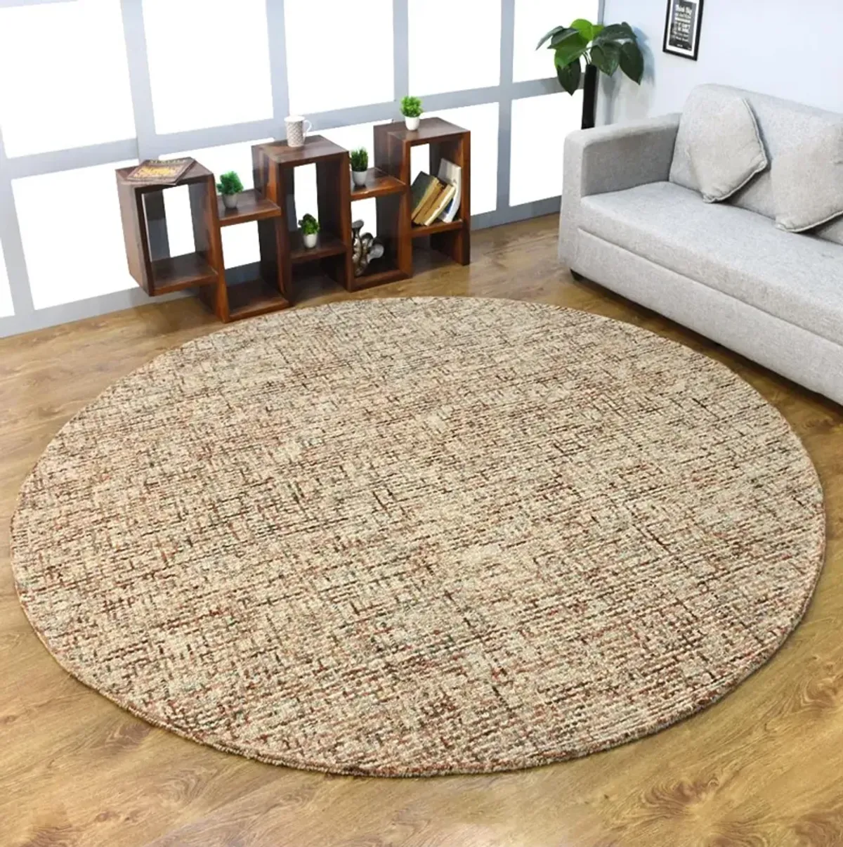 RUGSOTIC CARPETS HAND TUFTED WOOL ECO-FRIENDLY AREA RUGS  - 8'x8', Round Shape, Beige & Brown, Solid Plain Design, High Pile Thick Handmade Anti Skid Area Rugs for Living Room, Bed Room (KWC111)