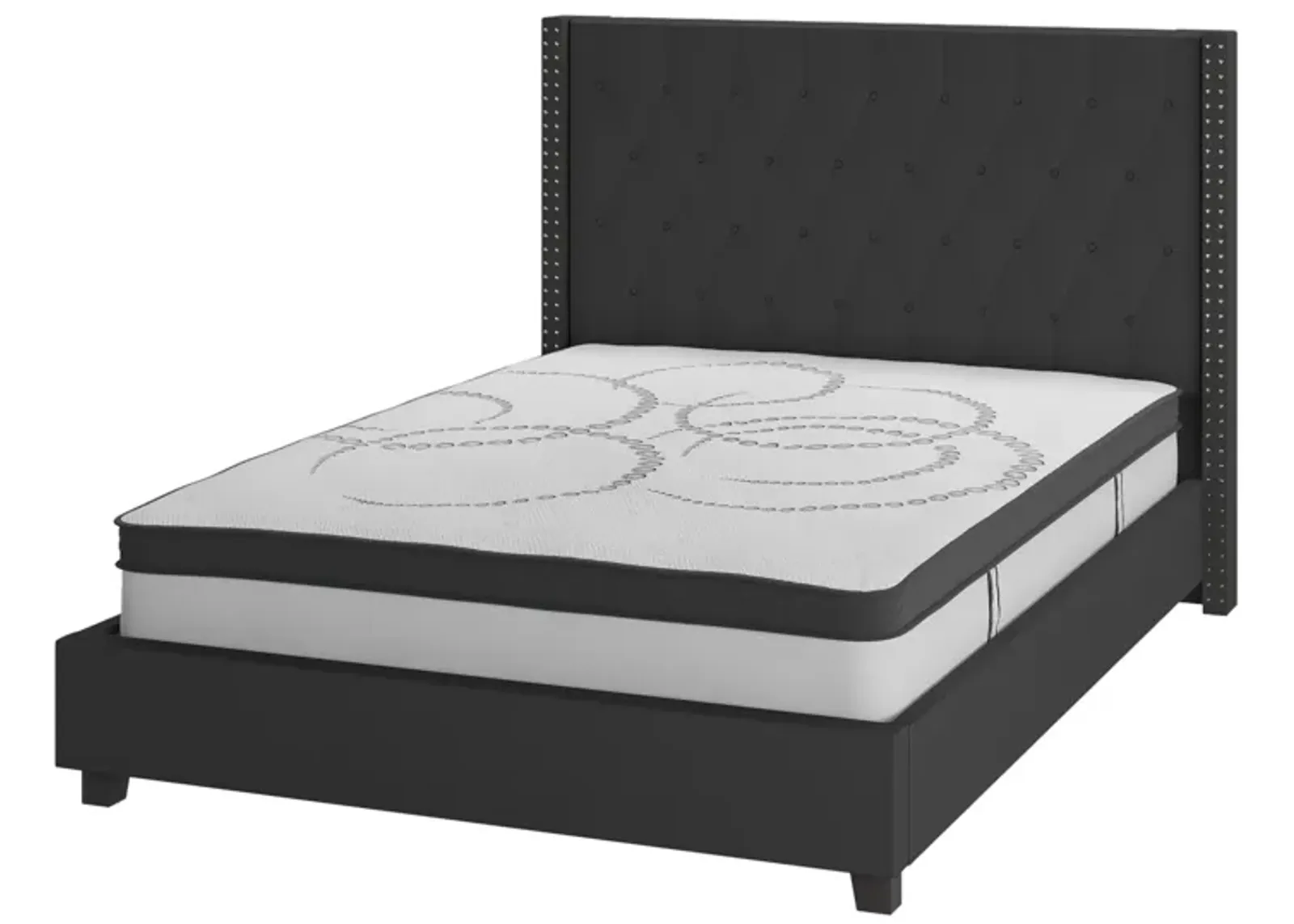 Riverdale Full Size Tufted Upholstered Platform Bed in Black Fabric with 10 Inch CertiPUR-US Certified Pocket Spring Mattress