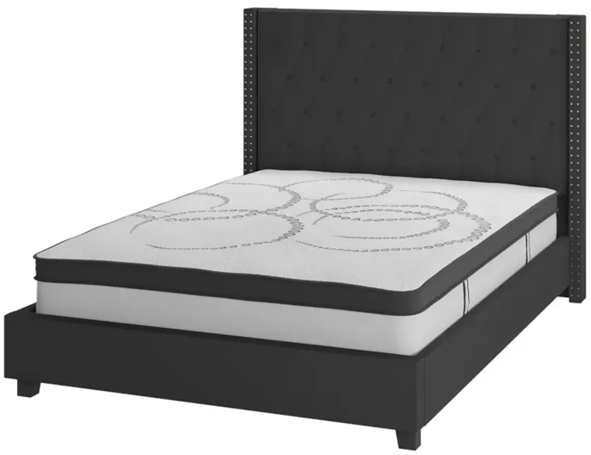 Riverdale Full Size Tufted Upholstered Platform Bed in Black Fabric with 10 Inch CertiPUR-US Certified Pocket Spring Mattress