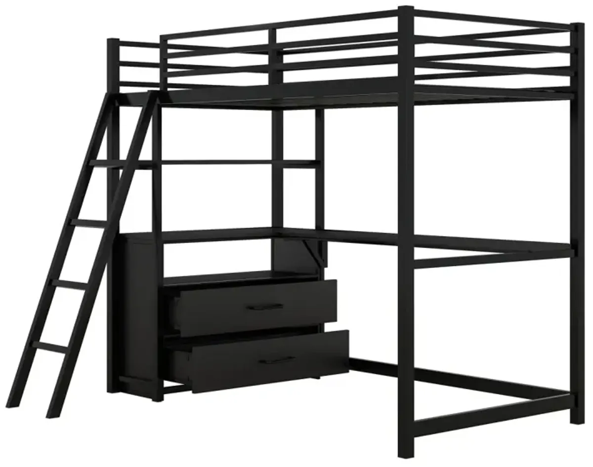 Twin Size Metal&Wood Loft Bed With Desk And Shelves, Two Built-In Drawers