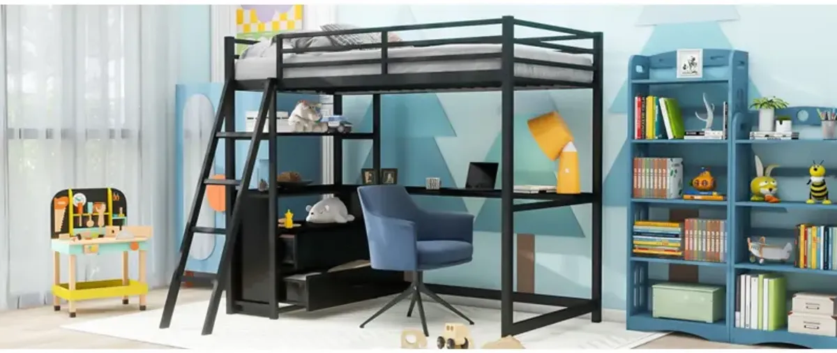 Twin Size Metal&Wood Loft Bed With Desk And Shelves, Two Built-In Drawers