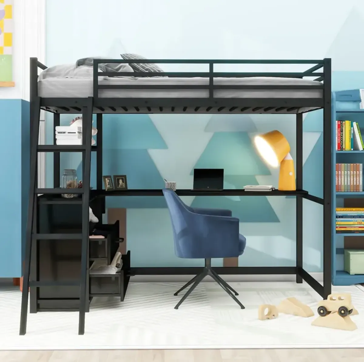 Twin Size Metal&Wood Loft Bed With Desk And Shelves, Two Built-In Drawers