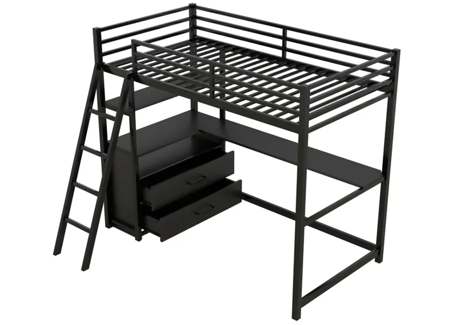 Twin Size Metal&Wood Loft Bed With Desk And Shelves, Two Built-In Drawers