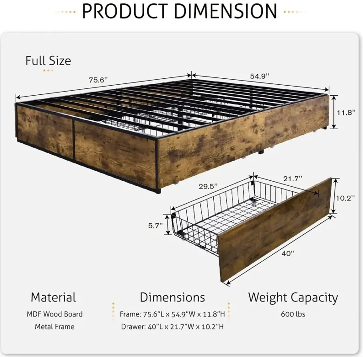 QuikFurn Full Metal Wood Platform Bed Frame with 4 Storage Drawers - 600 lbs Max Weight