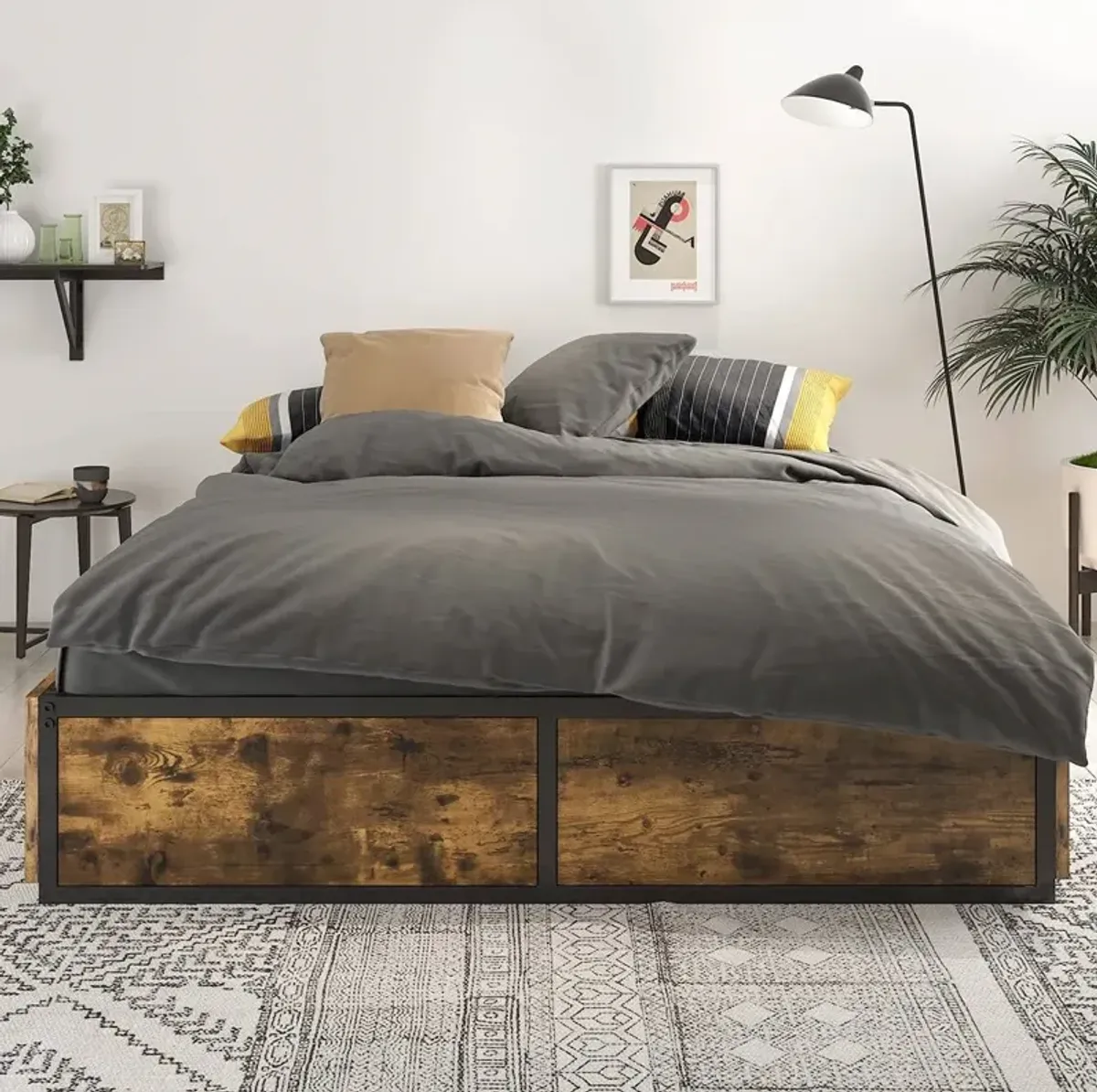 QuikFurn Full Metal Wood Platform Bed Frame with 4 Storage Drawers - 600 lbs Max Weight