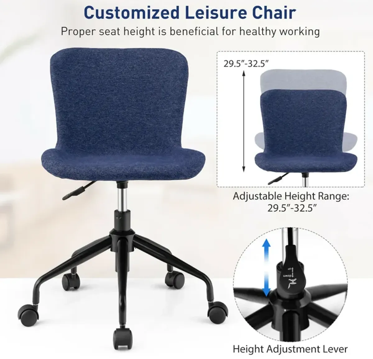 Costway Mid Back Armless Office Chair Adjustable Swivel Linen Task Chair Blue