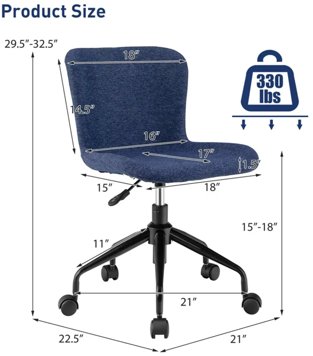 Costway Mid Back Armless Office Chair Adjustable Swivel Linen Task Chair Blue