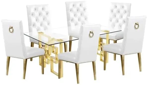 Gold Tempered Glass 7 Piece Dining Set Ring Chairs in White Faux Leather
