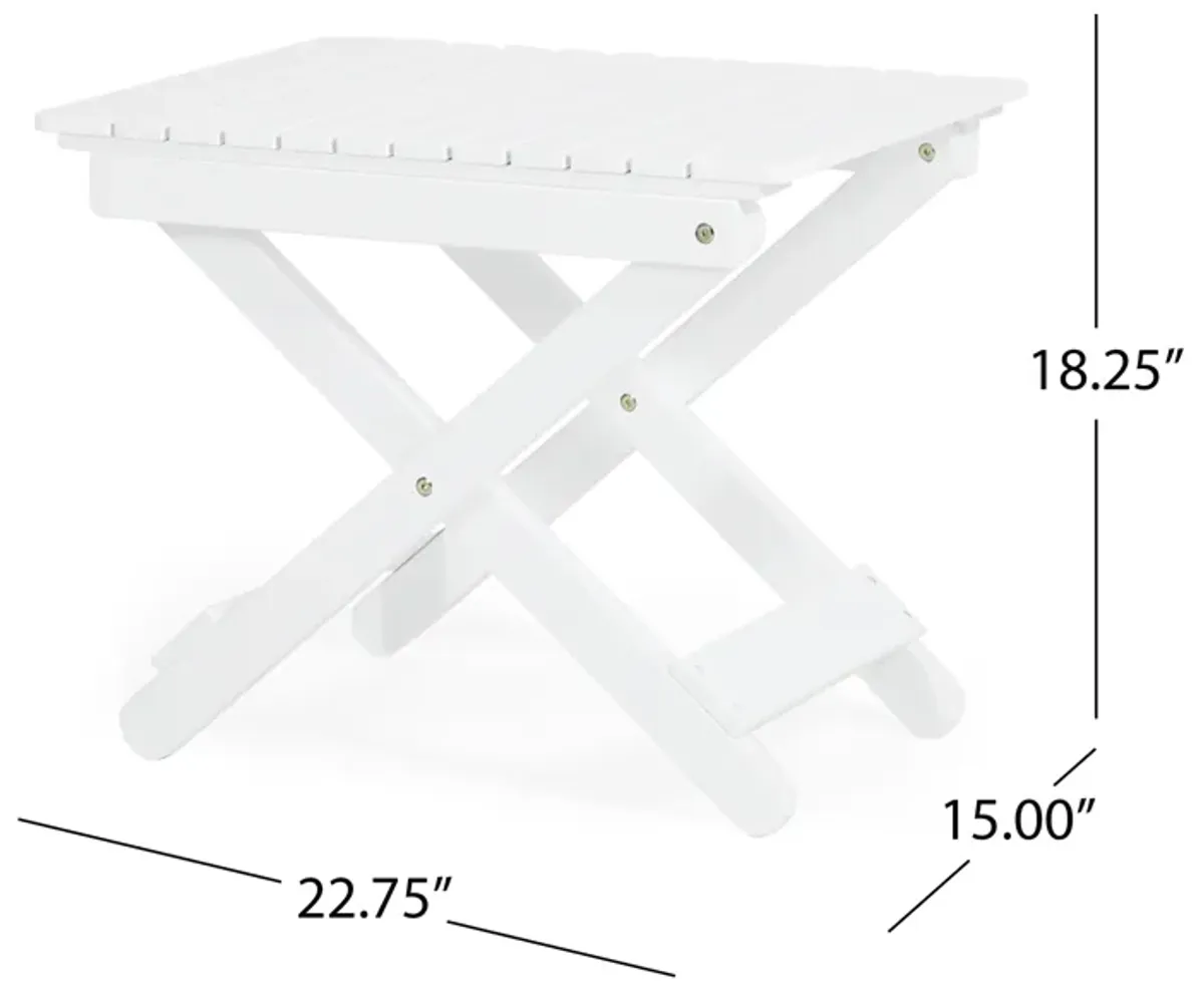 Kyre Outdoor Side Table, Foldable Slatted 23 Inch, White Acacia Wood - Benzara