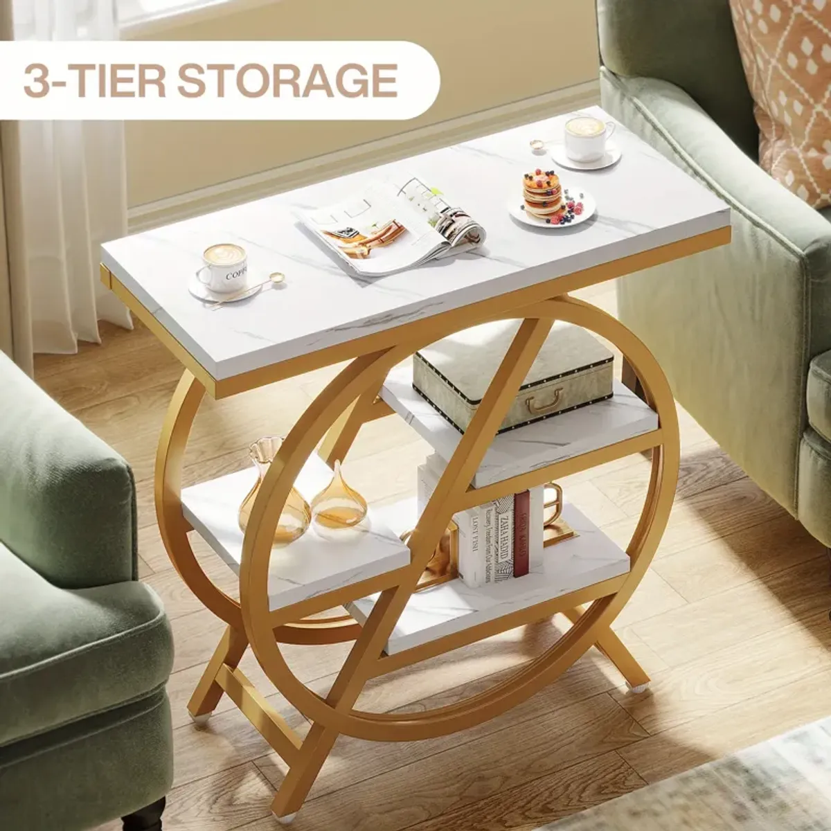 End Table, Narrow Side Table with 4-Tier Large Storage Space, Modern Bedside Table for Home Office, Bedroom, Living Room