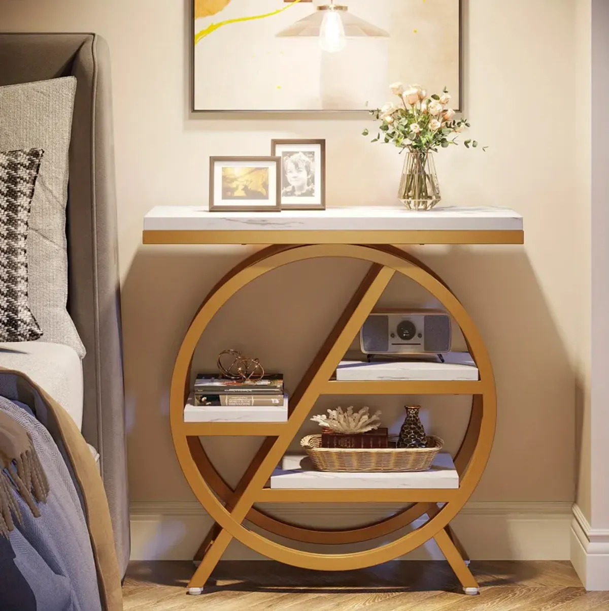 End Table, Narrow Side Table with 4-Tier Large Storage Space, Modern Bedside Table for Home Office, Bedroom, Living Room
