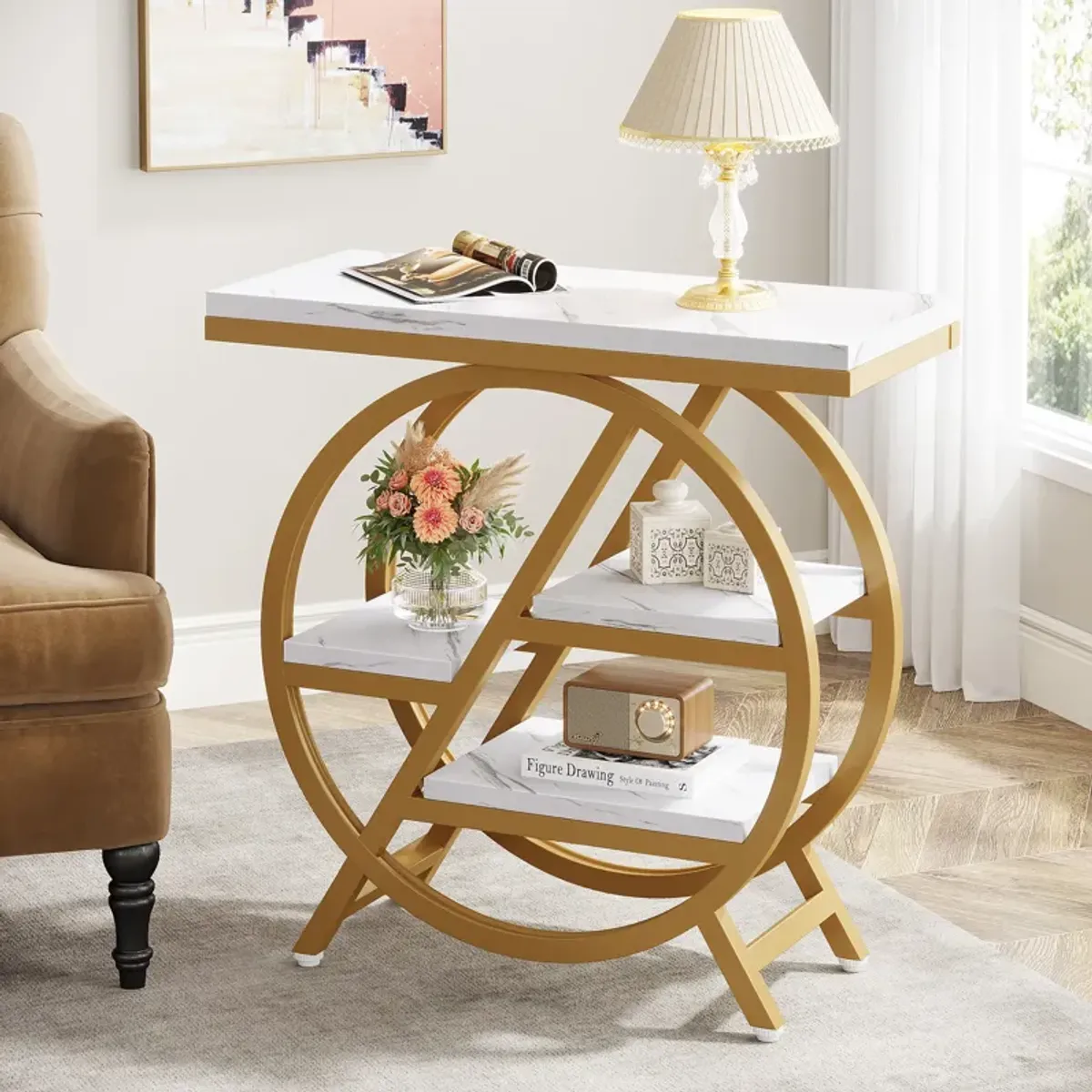 End Table, Narrow Side Table with 4-Tier Large Storage Space, Modern Bedside Table for Home Office, Bedroom, Living Room