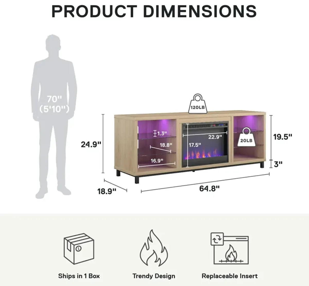 Ameriwood Home Lumina Deluxe Fireplace TV Stand for TVs up to 70"