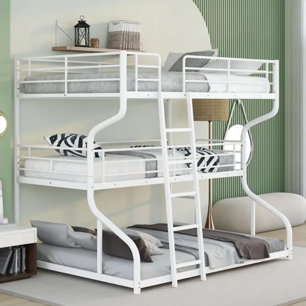 Full XL Over Twin XL Over Queen Size Triple Bunk Bed With Long And Short Ladder