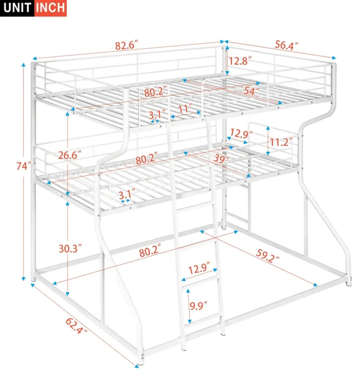 Full XL Over Twin XL Over Queen Size Triple Bunk Bed With Long And Short Ladder