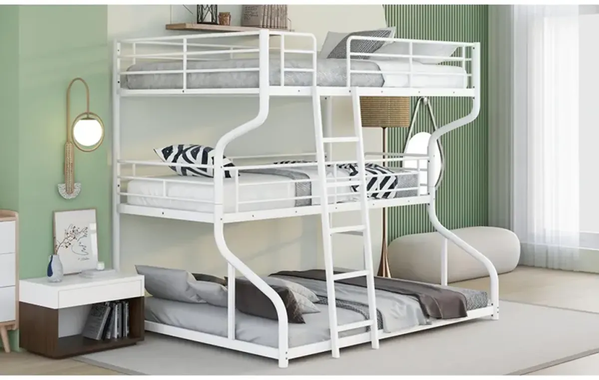 Full XL Over Twin XL Over Queen Size Triple Bunk Bed With Long And Short Ladder