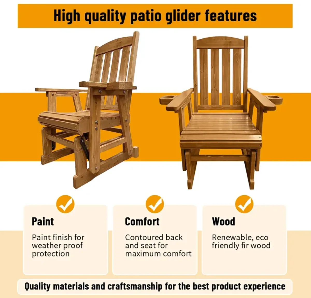 Wooden Patio Glider for One Person, with High Back and Deep Contoured Seat, Solid Fir Wood, Heavy Duty 600 LBS (Teak Tone)