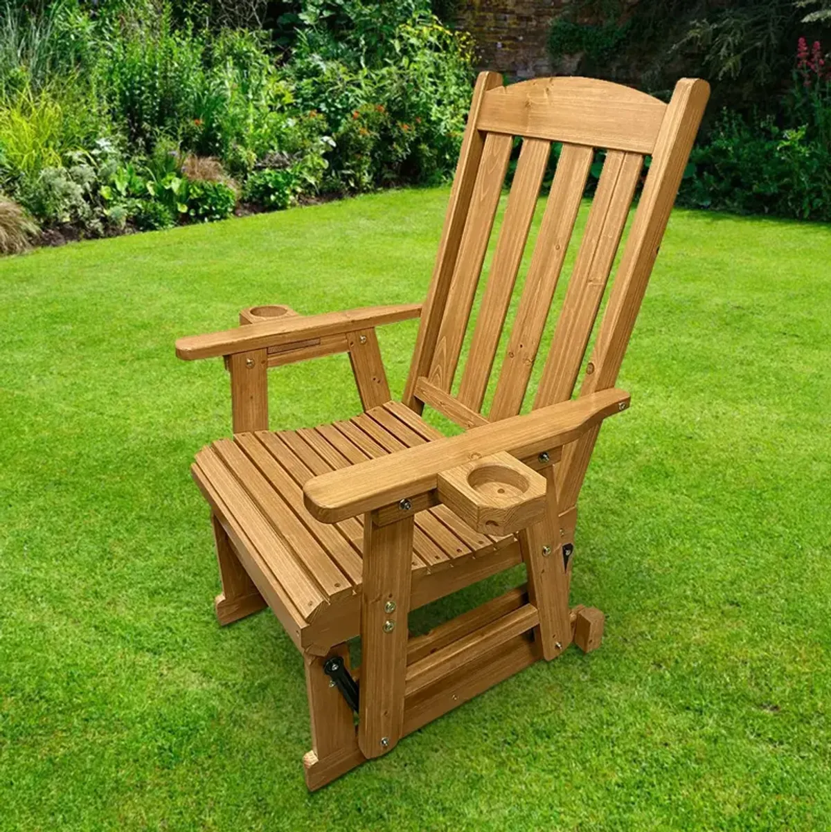 Wooden Patio Glider for One Person, with High Back and Deep Contoured Seat, Solid Fir Wood, Heavy Duty 600 LBS (Teak Tone)