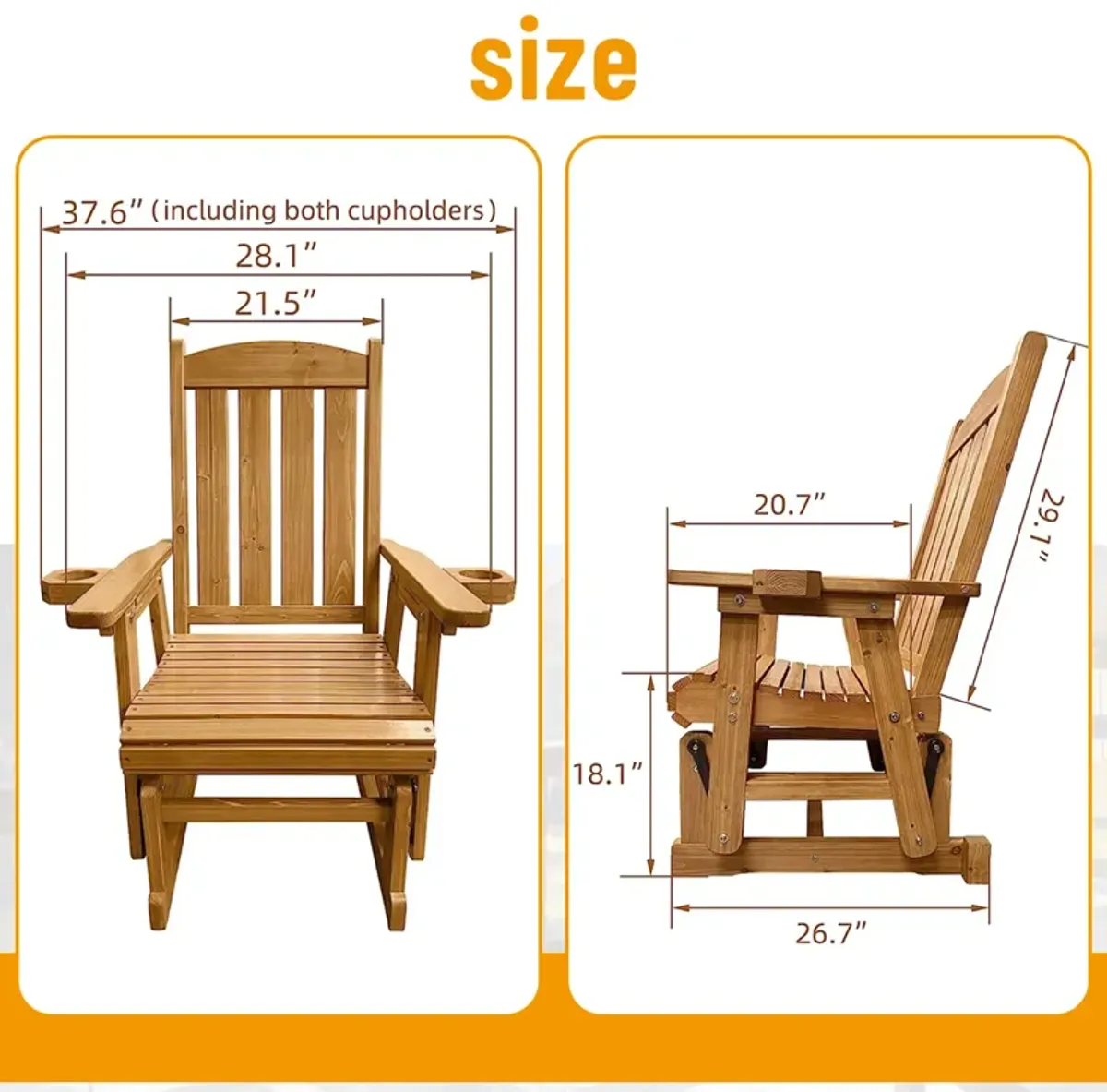 Wooden Patio Glider for One Person, with High Back and Deep Contoured Seat, Solid Fir Wood, Heavy Duty 600 LBS (Teak Tone)