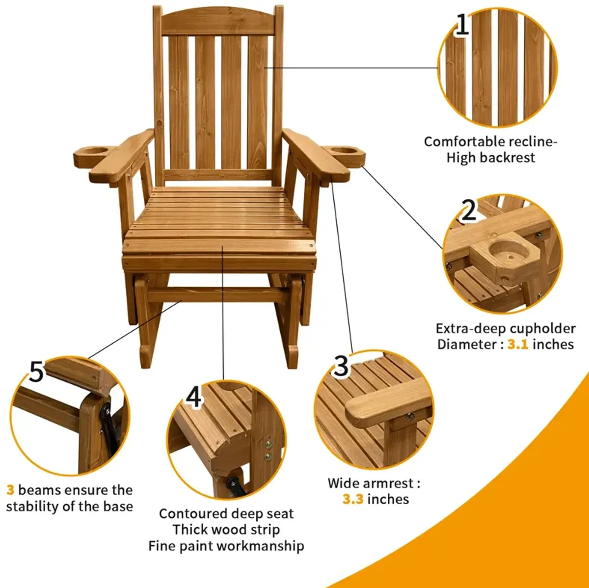 Wooden Patio Glider for One Person, with High Back and Deep Contoured Seat, Solid Fir Wood, Heavy Duty 600 LBS (Teak Tone)