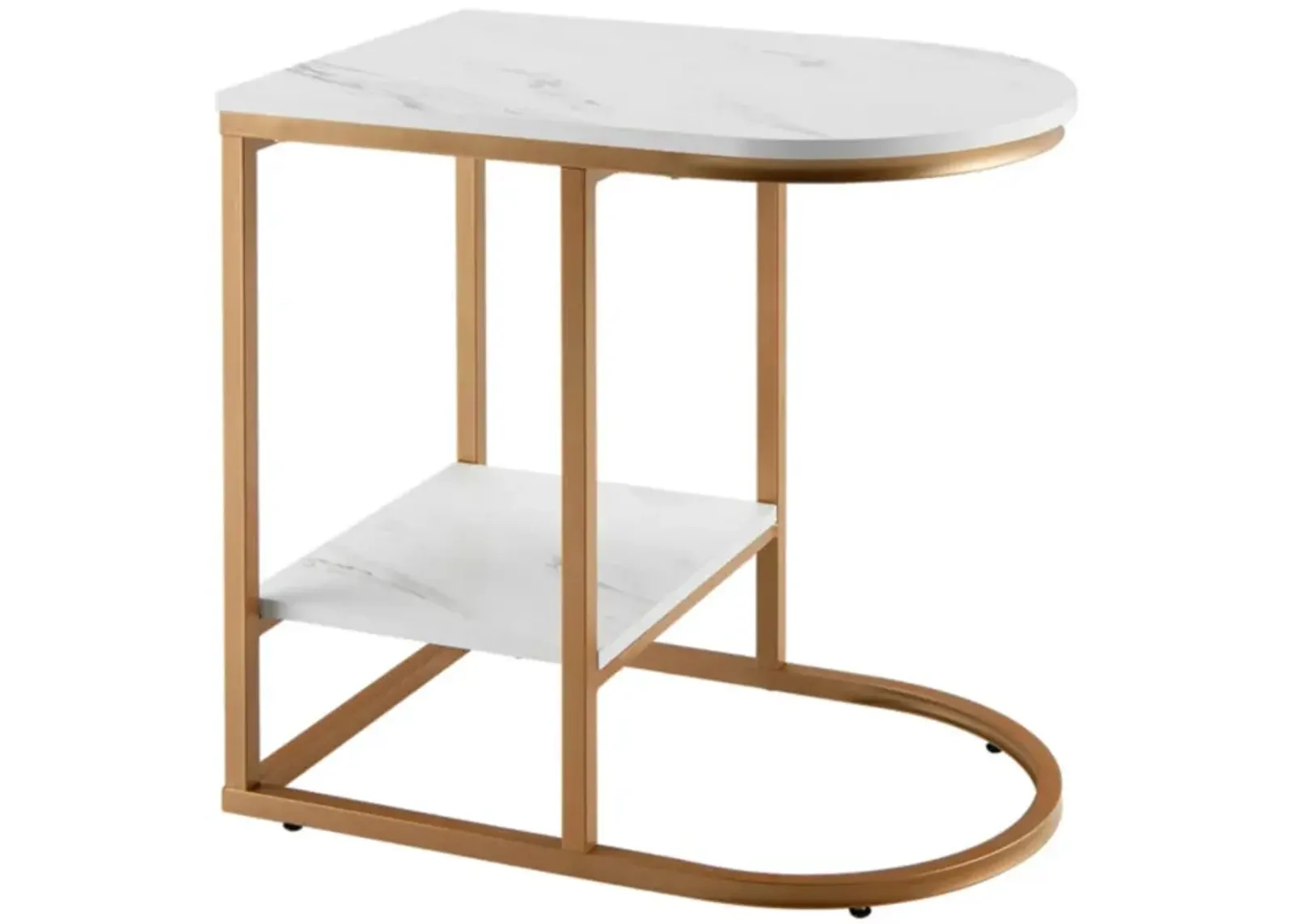 Hivvago C-shaped Side Table with Faux Marble Tabletop and Golden Steel Frame-White