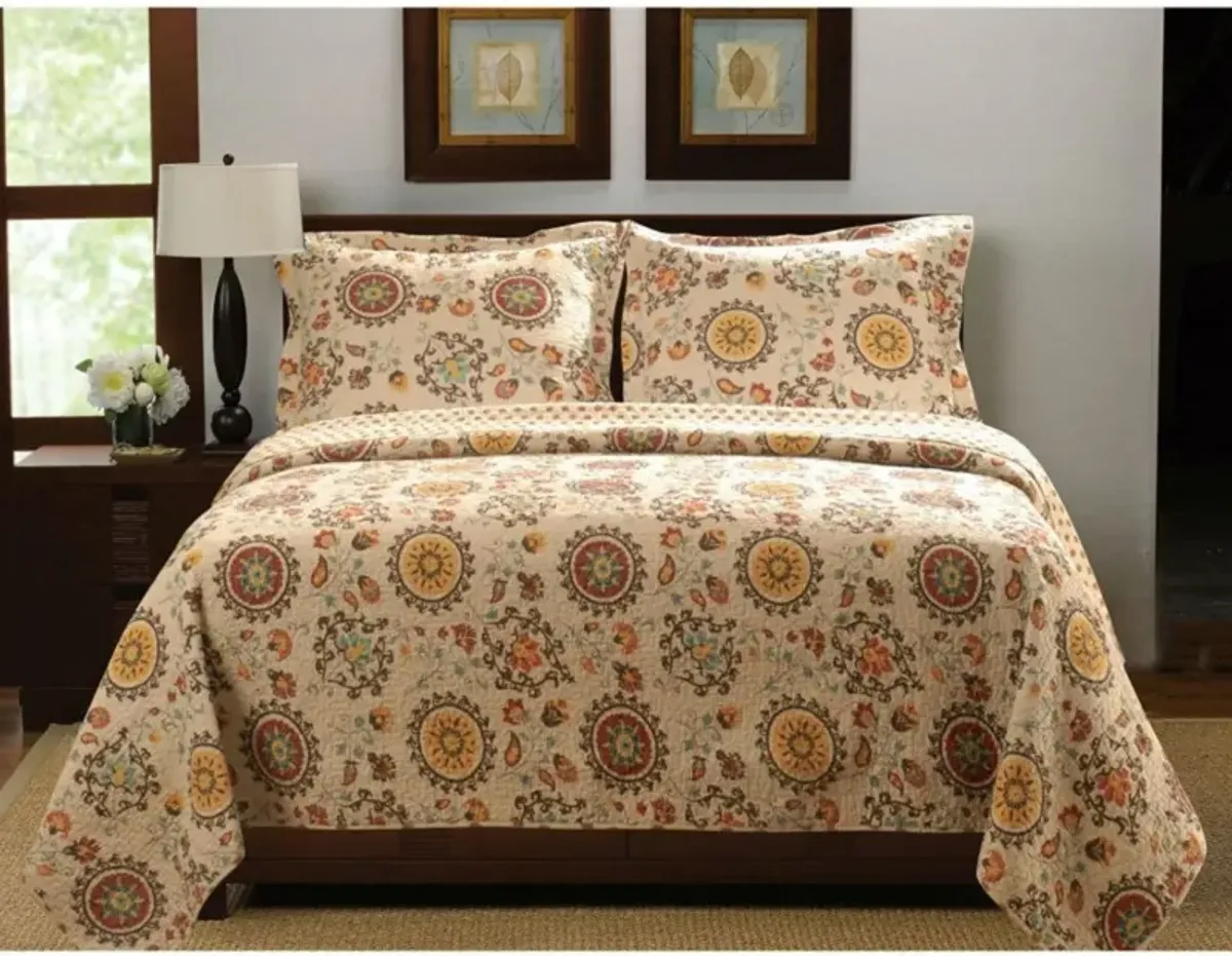 Hivvago Full / Queen Retro Moon Shaped Floral Medallion Reversible 3 Piece Quilt Set