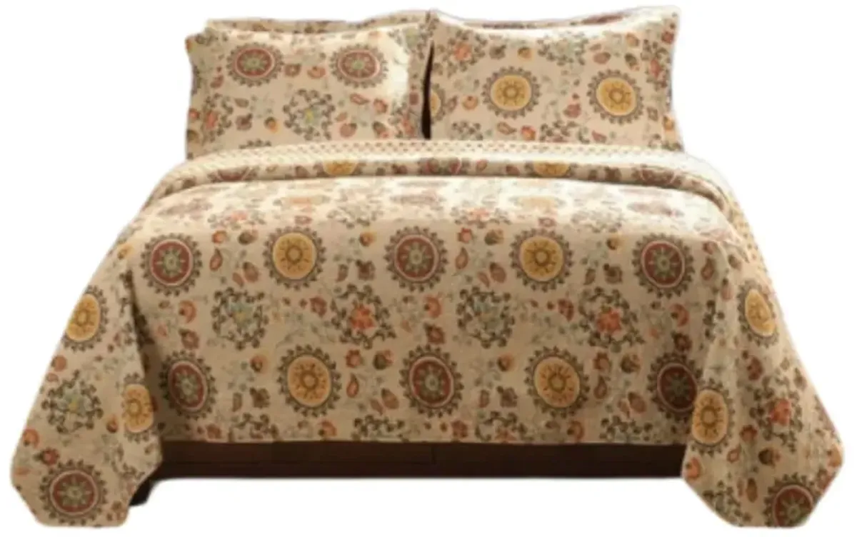 Hivvago Full / Queen Retro Moon Shaped Floral Medallion Reversible 3 Piece Quilt Set