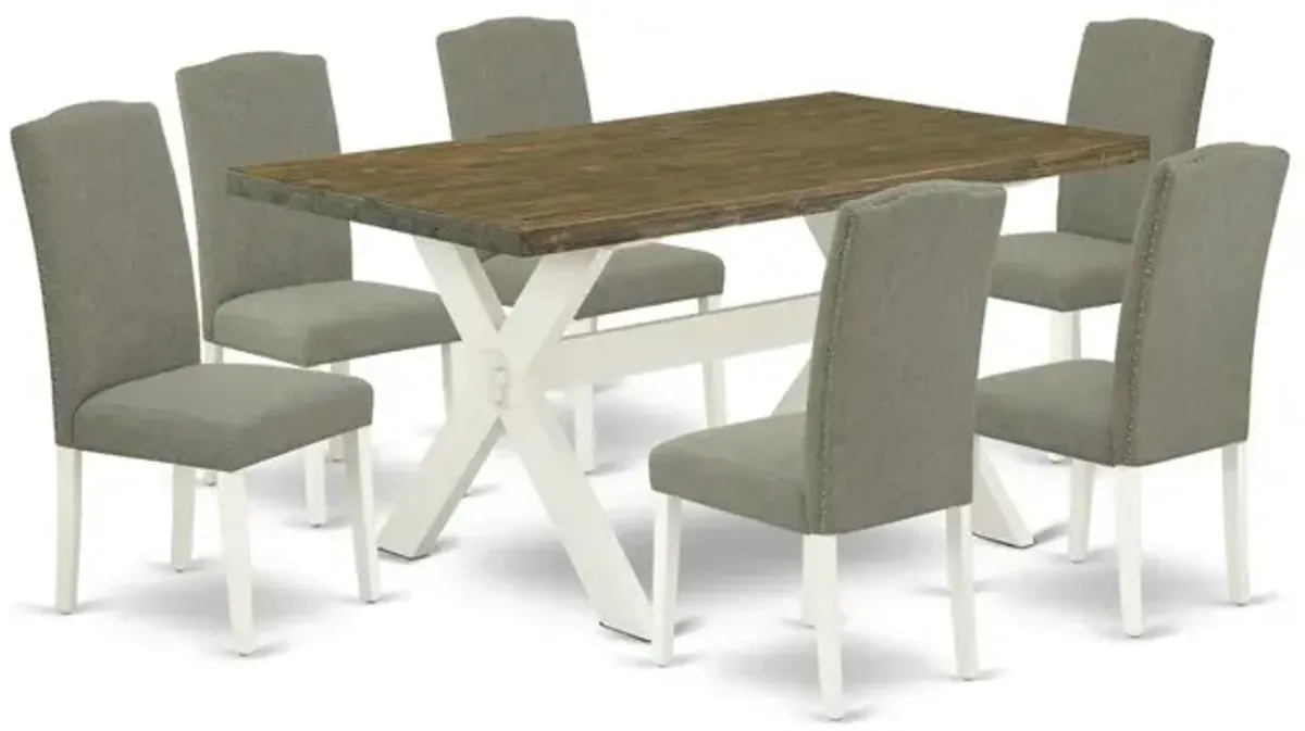 East West Furniture X076EN206-7 7-Piece Beautiful Rectangular Dining Room Table Set an Excellent Distressed Jacobean Wood Table Top and 6 Lovely Linen Fabric Parson Dining Chairs with Nail Heads and S