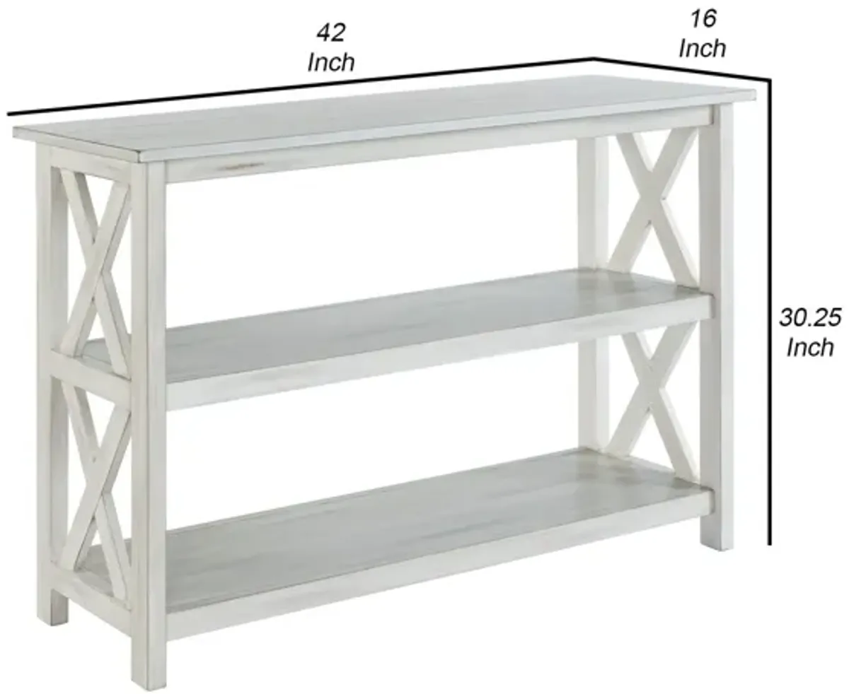 2 Shelf Wooden Entryway Table with X Shaped Accent, White-Benzara