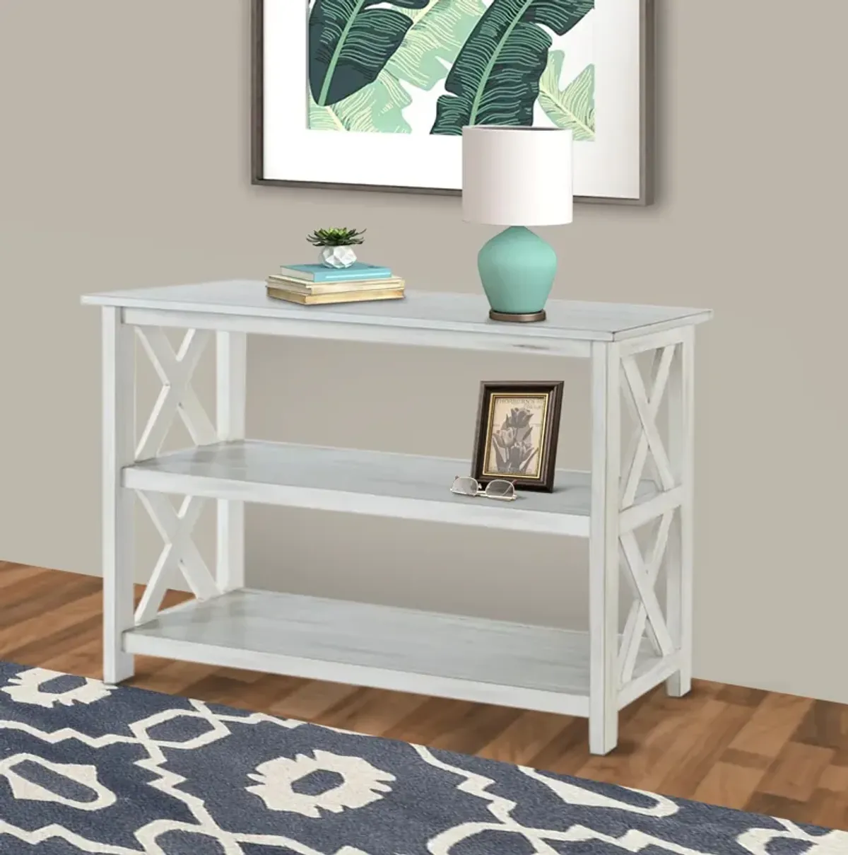 2 Shelf Wooden Entryway Table with X Shaped Accent, White-Benzara