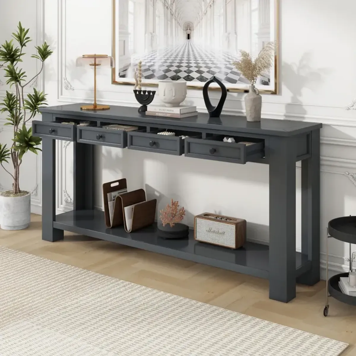 Console Table/Sofa Table With Storage Drawers And Bottom Shelf For Entryway Hallway(Tan)