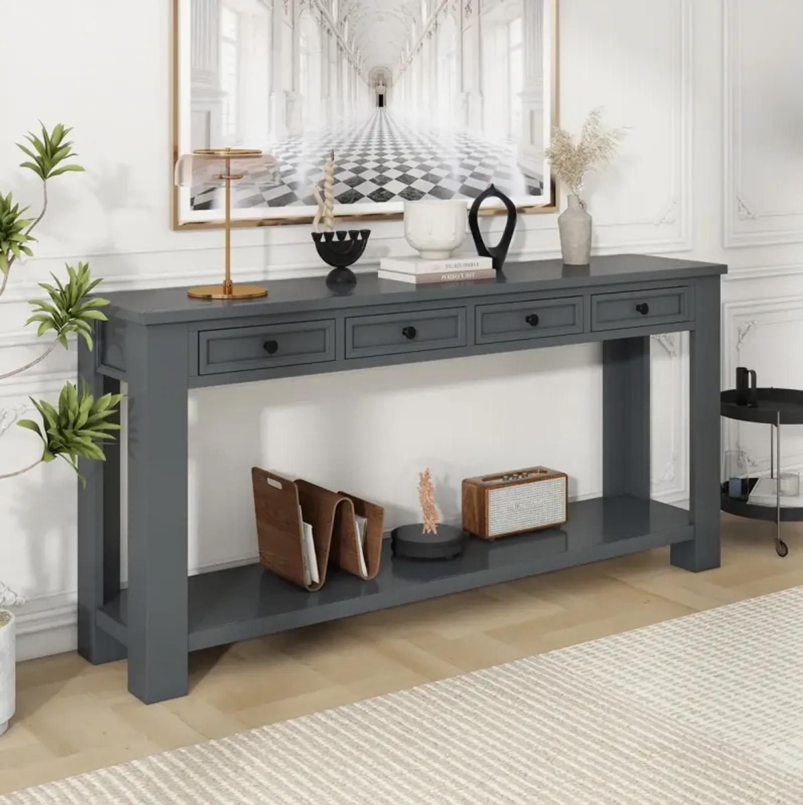 Console Table/Sofa Table With Storage Drawers And Bottom Shelf For Entryway Hallway(Tan)