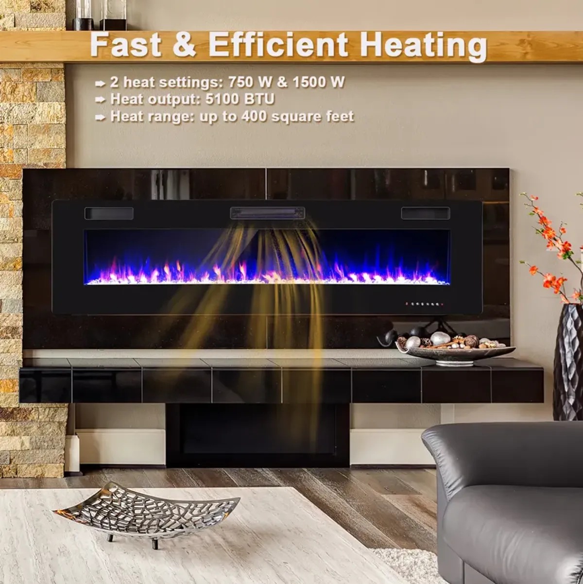 68 Inch Ultra-Thin Electric Fireplace Recessed Wall Mounted with Crystal Log Decoration