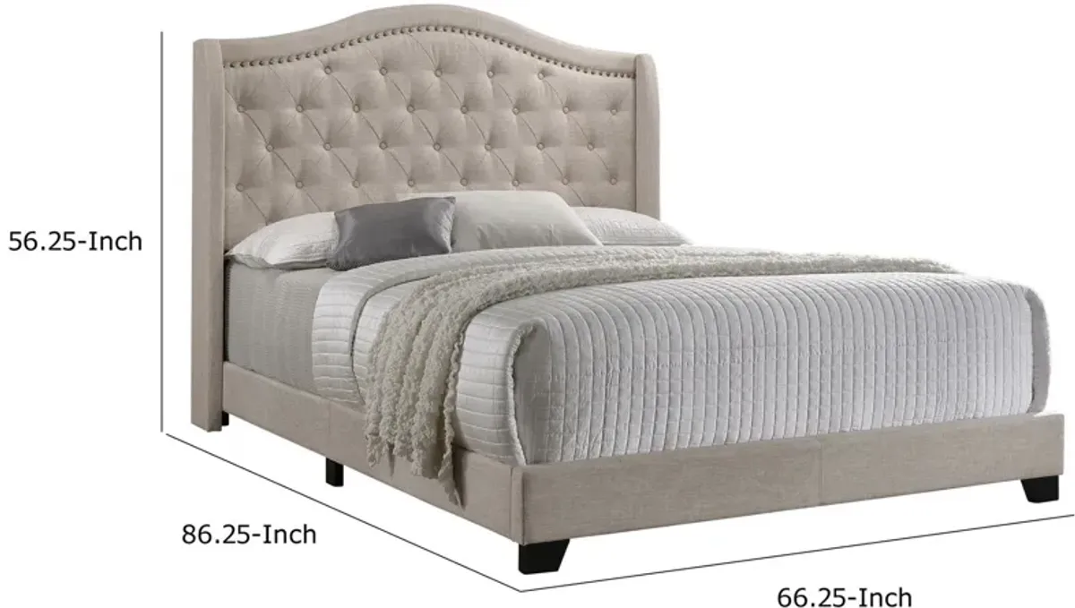 Queen Size Bed, Beige Fabric Upholstered, Camel Back, Button Tufted-Benzara