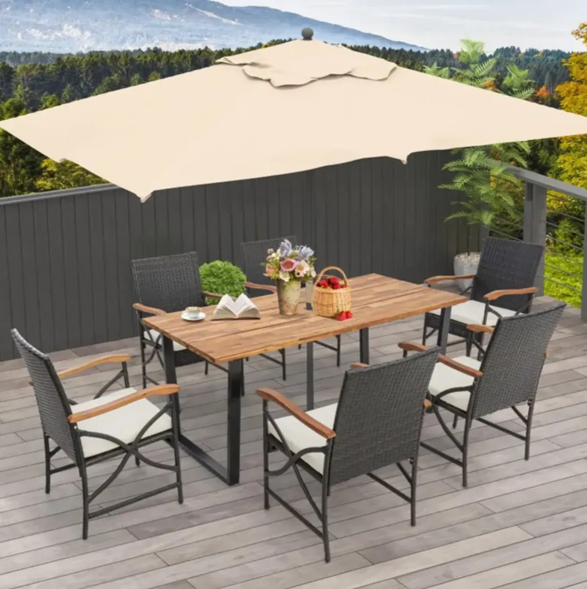 Hivvago 7 Pieces Rattan Patio Dining Set with Umbrella Hole