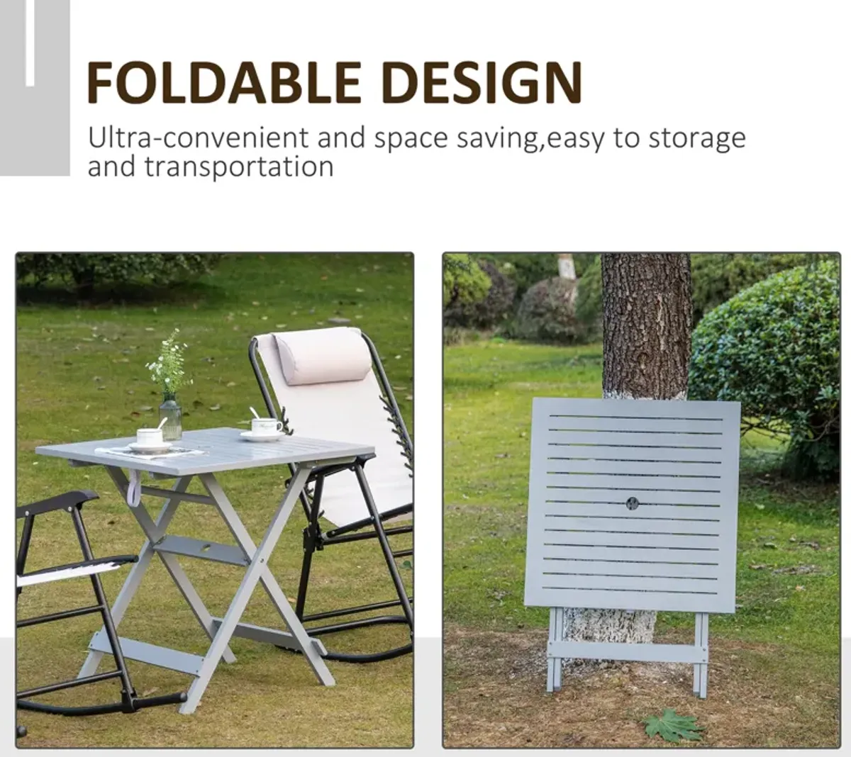 Grey Portable Table: Foldable Square Wood Table with Umbrella Hole