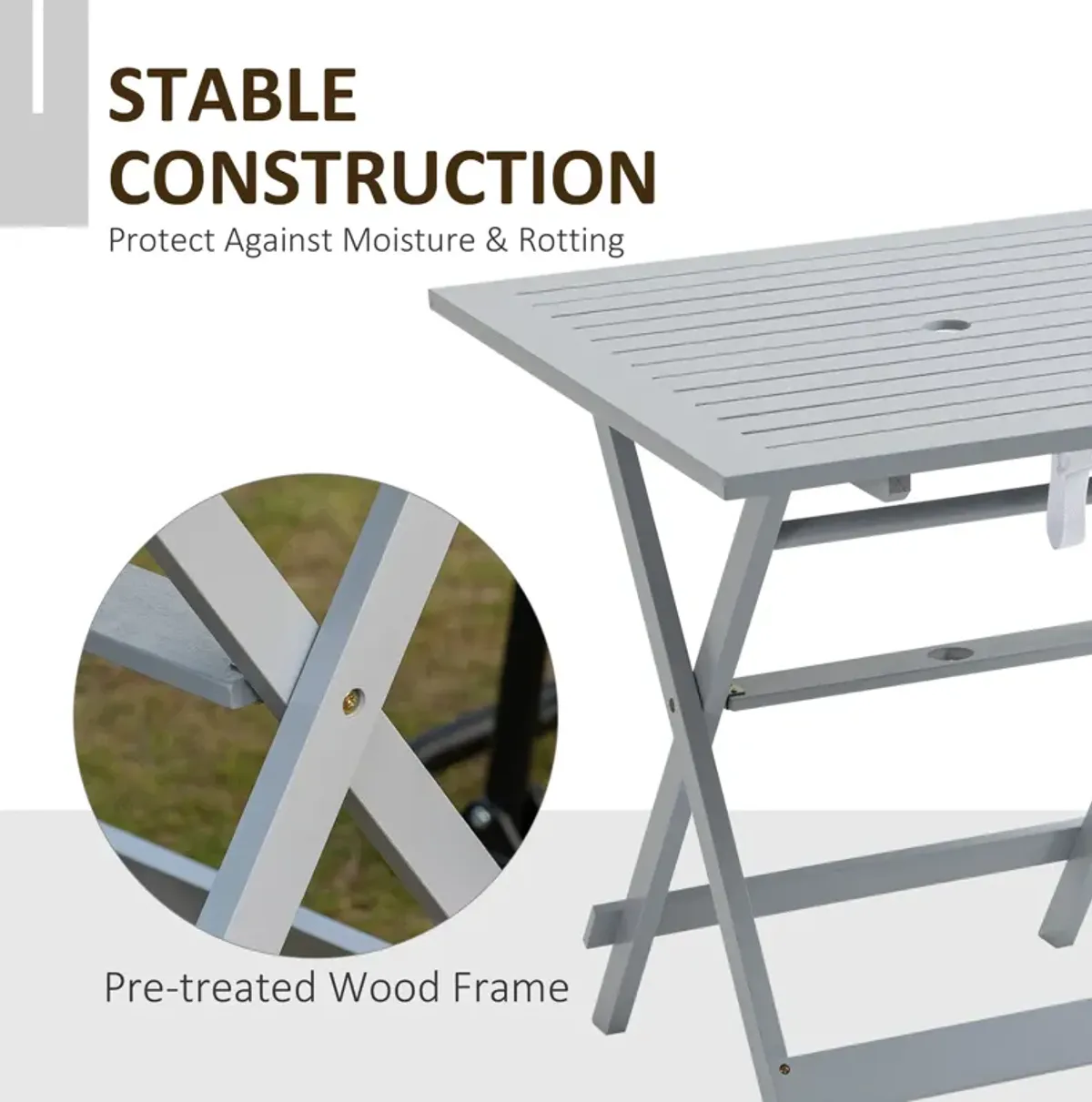 Grey Portable Table: Foldable Square Wood Table with Umbrella Hole