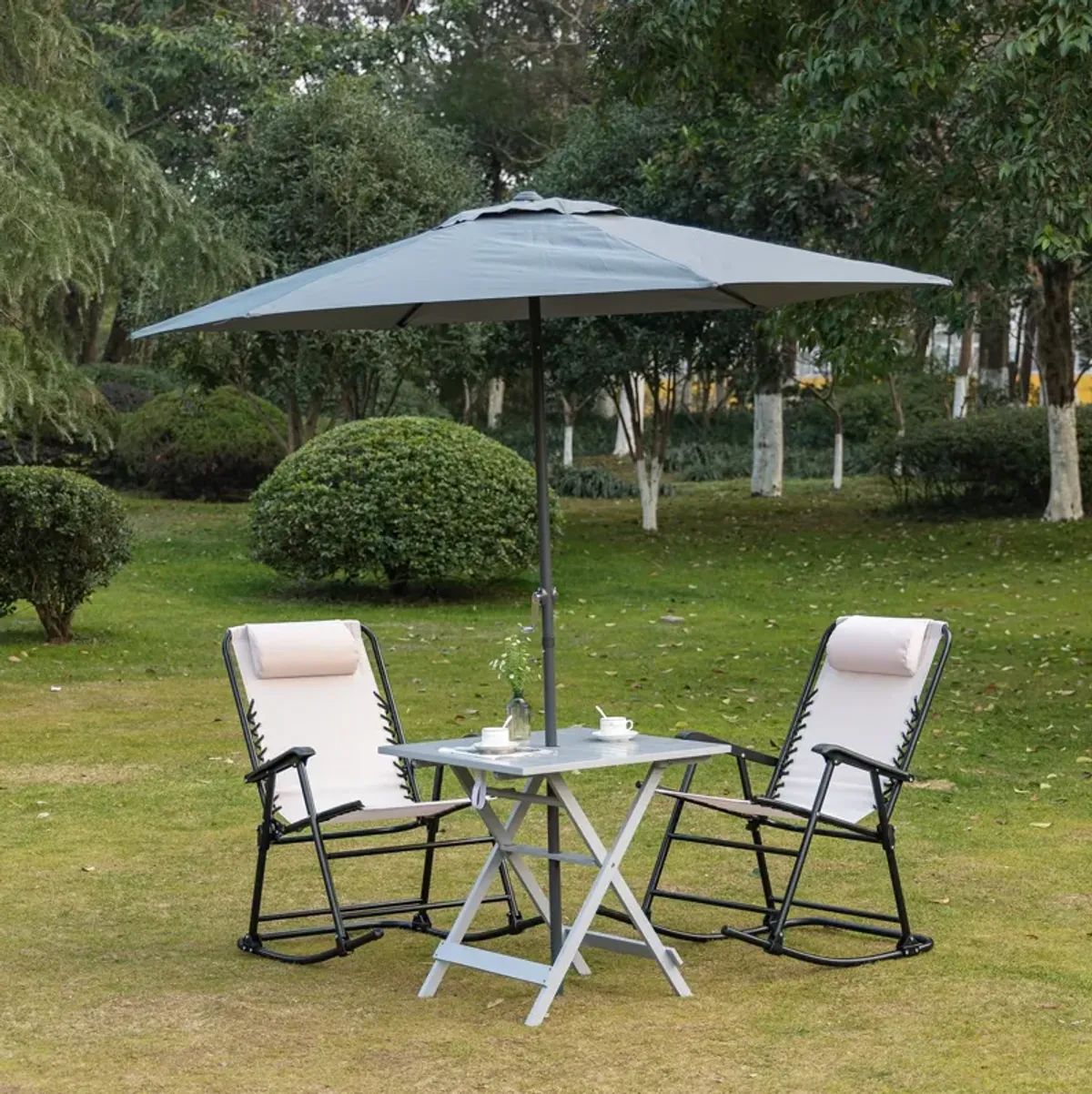 Grey Portable Table: Foldable Square Wood Table with Umbrella Hole