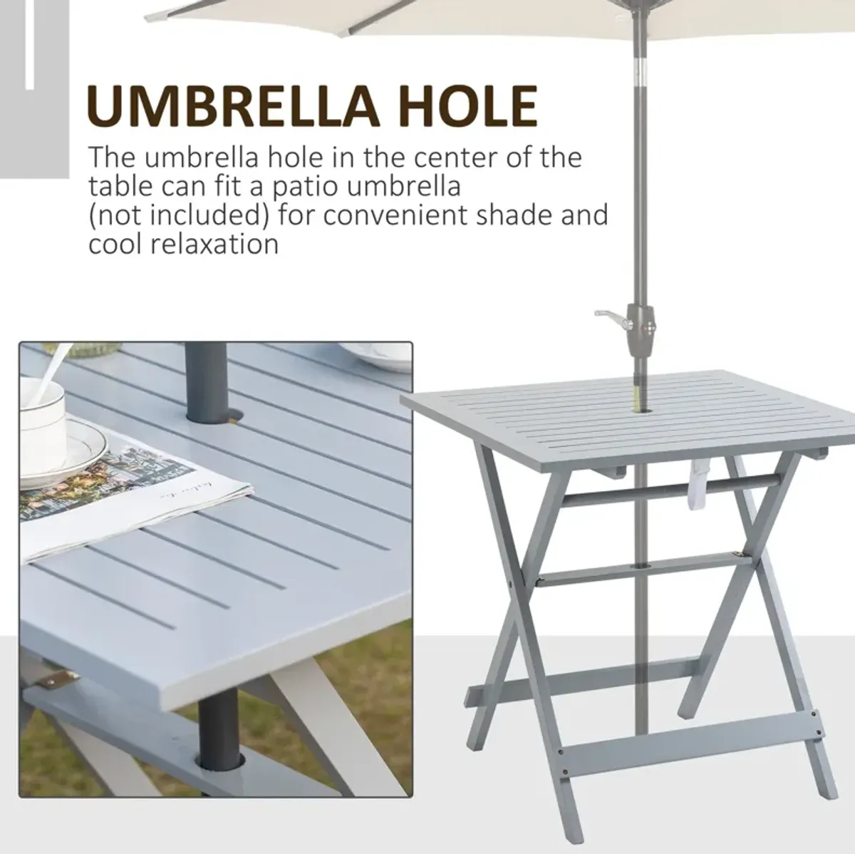 Grey Portable Table: Foldable Square Wood Table with Umbrella Hole