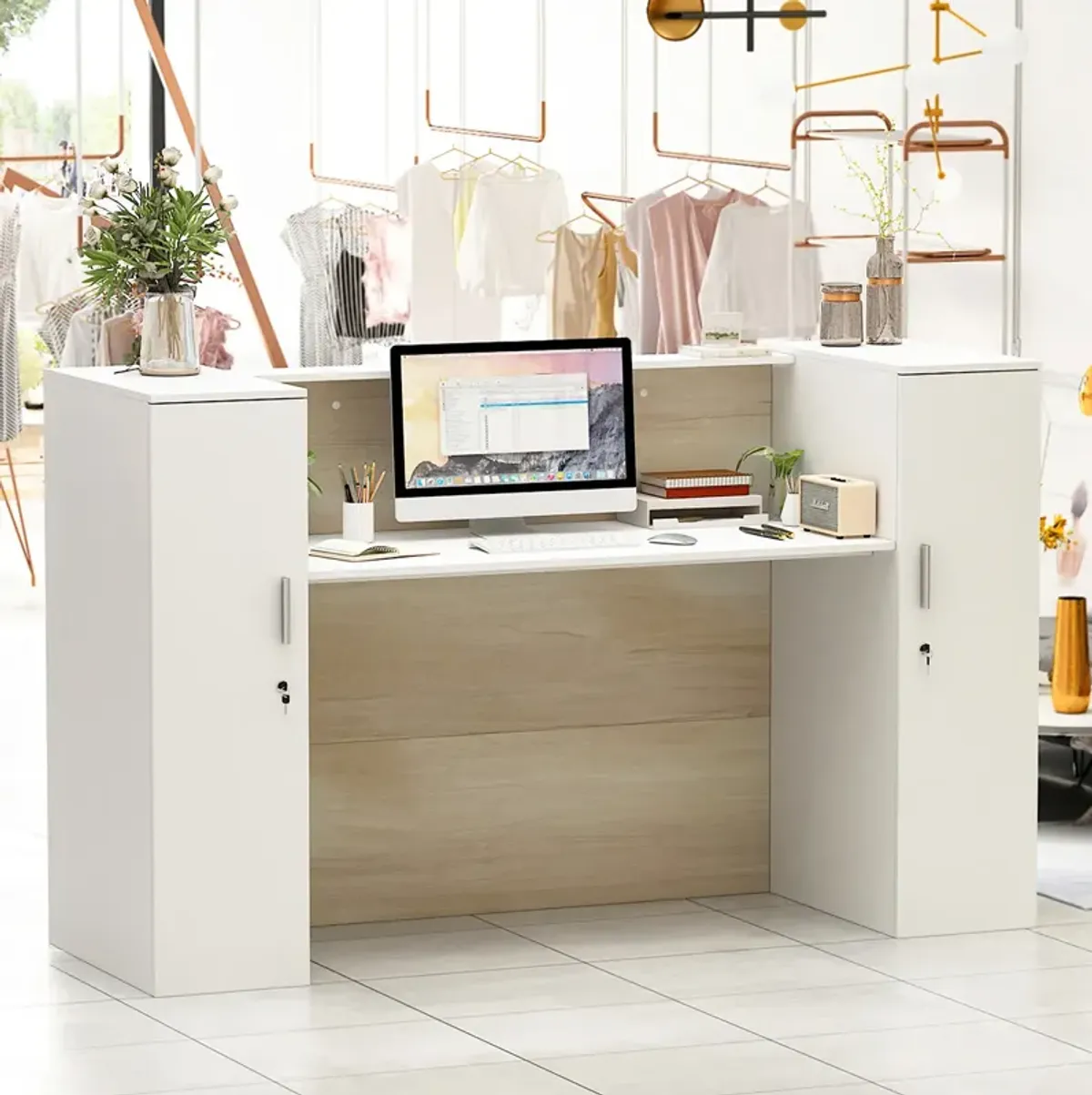 FUFU&GAGA Reception Desk with Dual Cabinets and Open Workspace, (70.9" W x 23.6" D x 43.3" H),White and Brown