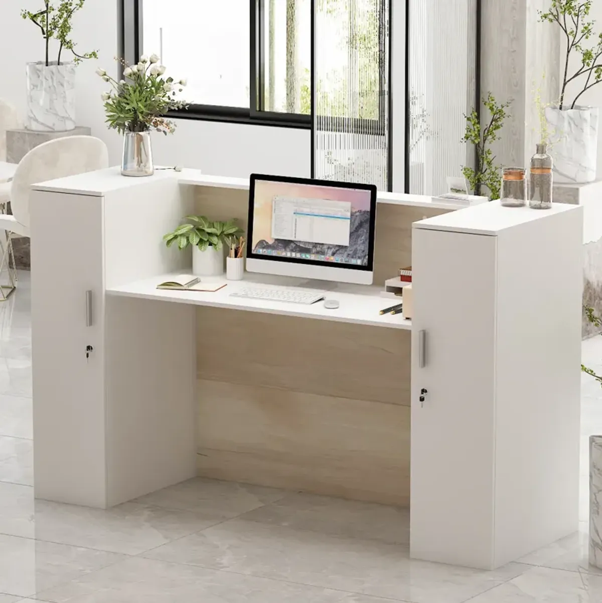 FUFU&GAGA Reception Desk with Dual Cabinets and Open Workspace, (70.9" W x 23.6" D x 43.3" H),White and Brown