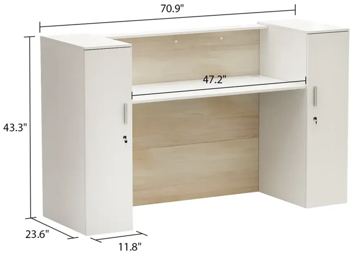 FUFU&GAGA Reception Desk with Dual Cabinets and Open Workspace, (70.9" W x 23.6" D x 43.3" H),White and Brown