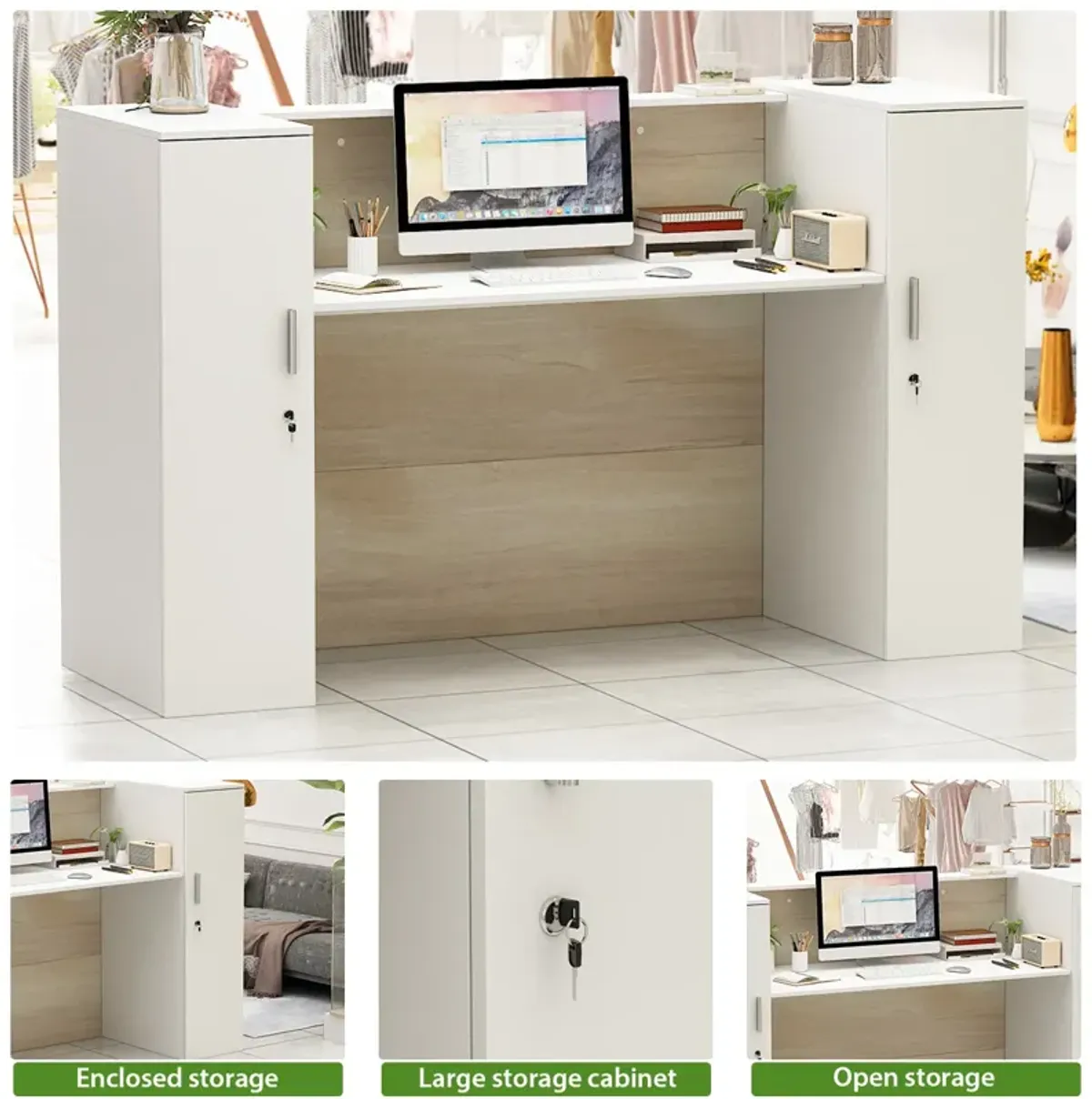 FUFU&GAGA Reception Desk with Dual Cabinets and Open Workspace, (70.9" W x 23.6" D x 43.3" H),White and Brown